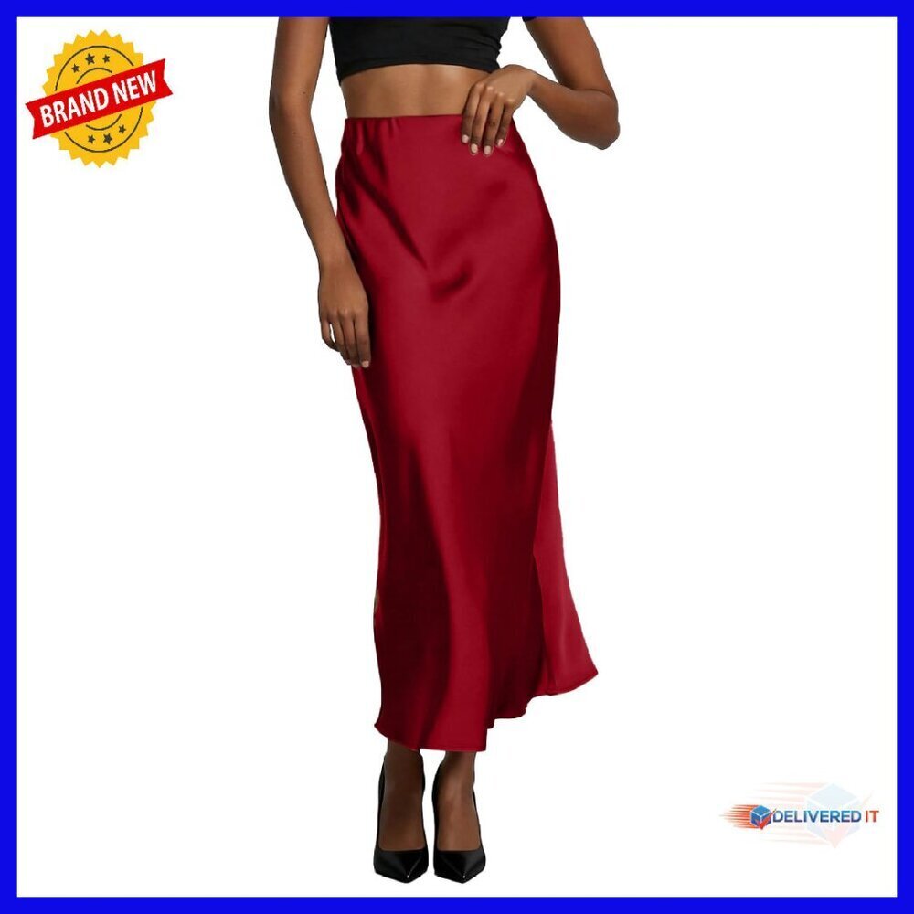 Satin Midi Skirt High Waisted Flared A-Line Women's Casual Skirt